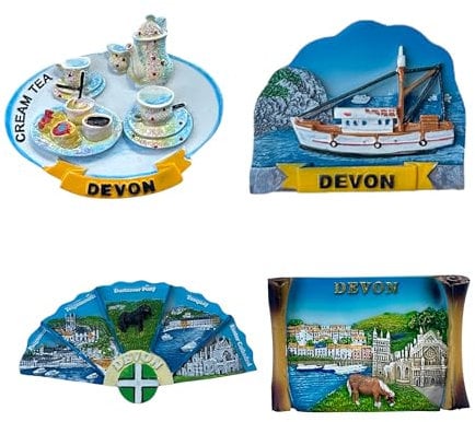 LILAJ Set of 4 Devon 3D Resin Fridge Magnets UK Souvenir Gift Pack Featuring Cream Tea, Paignton, Dartmoor Pony, Exeter, Coastal Landmarks Decorative Kitchen Magnet Set for Fridge or Magnetic Surfaces