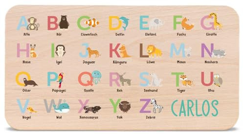 GRAVURZEILE - Bedrucktes Frühstücksbrettchen aus Holz - ABC Tiere - Personalisiert mit Namen - Geschenk zur Einschulung für Jungen & Mädchen - Kinder Schneidebrett