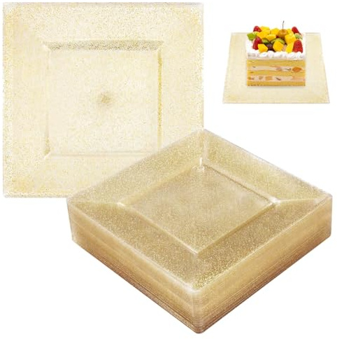 BluVast Plastik Teller, 10er Packung Plastikteller, 16.5 cm Plastikteller Mehrweg, Transparentes Gold Teller Plastik, Quadrat Plastic Plates Geeignet für Hochzeiten Partys Geburtstage Weihnachten