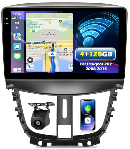 NHOPEEW 4+128G Android Autoradio für Peugeot 207 2006-2015 mit Wireless Carplay & Android Auto – 9-Zoll-Incell-Bildschirm, unterstützt WiFi, GPS, Lenkradsteuerung + Rückfahrkamera, Canbus