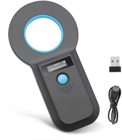 Haustier ID Lesegerät, Bluetooth Chiplesegerät für Tiere, RFID Mikrochip Lesegerät 134,2 kHz 125 kHz mit Helligkeit OLED Anzeige 128 Stück Tag Informationsspeicher, ISO11784/85/HFDX-B/EMID
