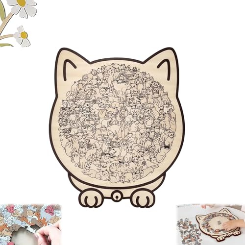 Holzpuzzle in Katzenform, Holzpuzzle Katze, 3D-Puzzle mit unregelmäßiger Holzrahmen-Katzen-Silhouette, Pfotenabdrücken und verspielten Posen – Kreatives Denkspielzeug aus Holz für Erwachsene (D)