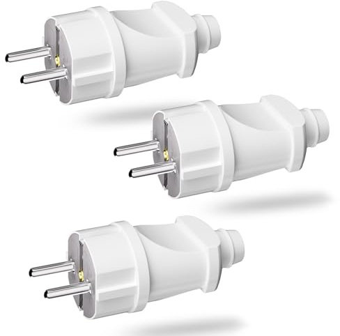 Enchufes Schuko 3 Piezas, Enchufes Schuko Macho de 250 V/16 A, Clavija Enchufe Macho, Schuko con Contacto de Protección(Blanco)