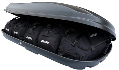 Farad Dachbox Marlin 680L Schwarz mit Reisetaschen, TÜV-GS-Zulassung, 5 Jahre Garantie - Zentralverriegelung an 3 Punkten mit Sicherheitsschlüsseln - UV-beständig