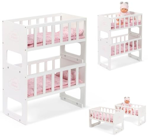 ELLA & PIET® Puppenetagenbett STOCKY Two, Stapelbares Holz Etagenbett in Weiß-Rosa, Spielzeugbett für Puppen, ab 3 Jahre, mit Bettwäsche