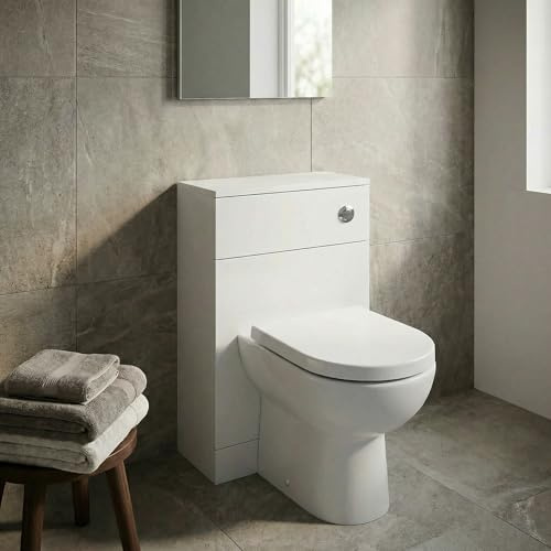 Baystone Modern Bathroom Cloakroom Back to Wall BTW Toilet WC 500mm Furniture Unit D Shape Pan Soft Close Seat, Dual Flush Cistern, Matt White