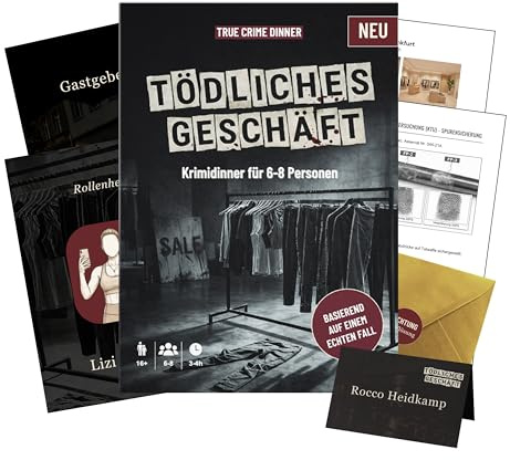 Krimidinner 6-8 Personen Tödliches Geschäft | Echter Kriminalfall für spannenden Krimi Dinner Abend | Krimidinner für Zuhause | True Crime Spiel ab 16 Jahren | Crime Dinner