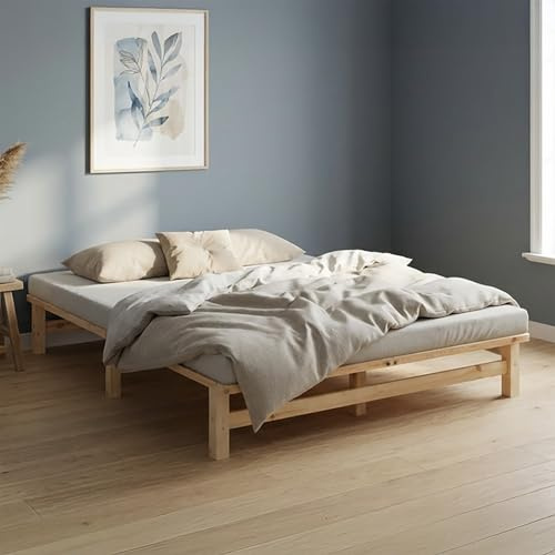 Homestyle4u Palettenbett 160x200 Holzbett Kiefer mit Lattenrost | Massivholz Bettgestell, unbehandelt & naturfarben – inkl. Rolllattenrost, Aufbauhöhe 28 cm, ideal für WG & Gästezimmer