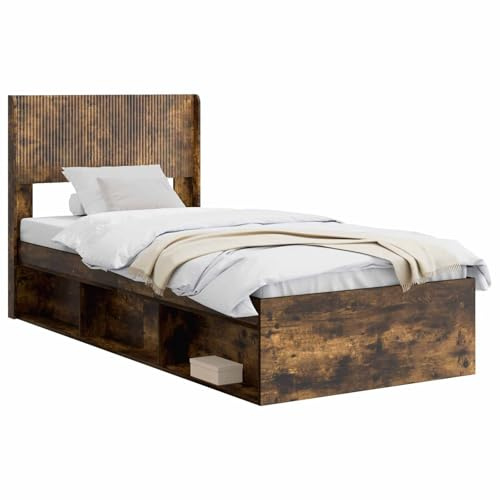 vidaXL Bettgestell mit Stauraum und Kopfteil Geräucherte Eiche, Moderne Bettgestell, rechteckig, Stauraum, Latten-Design, praktische Möbel für Dein Schlafzimmer