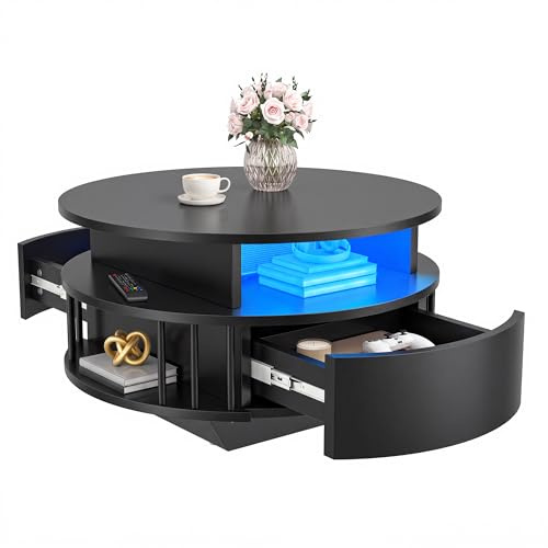 YITAHOME Moderner runder Couchtisch mit LED-Licht, 70 cm Couchtisch mit 2-stufigem Stauraum und 2 Schubladen, geriffelter Couchtisch mit Regalen, Beistelltisch für Wohnzimmer, Schwarz