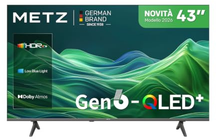 Metz Smart TV QLED 43 pollici con Google TV, QLED di sesta generazione, 4K UHD, HDR10+, Dolby Vision, Dolby Atmos, Eye Care, DVB-T/T2/C/S/S2 HEVC Main10 CI+ (43MQH7500Z, nuovo modello 2026)