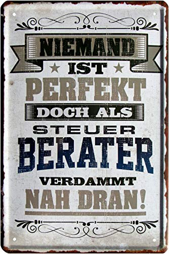 WOGEKA ART Retro Blechschild - Niemand ist perfekt, doch als Steuerberater - witziger Spruch als Geschenk-Idee Geburtstag Weihnachten Dekoration 20x30 cm Vintage-Design Metall 2148