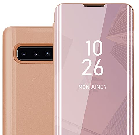 cadorabo Coque Compatible avec Samsung Galaxy S10 Plus en KUNZIT Rose - Miroir Clear View - Pochette de Protection avec Fonction de Support Protection à 360 Degrés Style Livre Ultra Slim Case