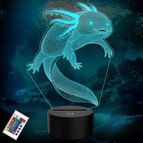 PONLCY Axolotl Led Nachtlicht 3D Illusion Lampe, 16 Farben Fernbedienung USB Schreibtischlampen, Schlafzimmer Dekoration Tischlampe für Kinder Weihnachten Geburtstag Geschenke