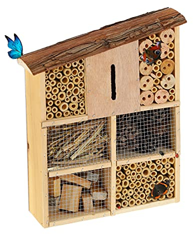 Relaxdays Insektenhotel, mit Schrägdach, Garten Nisthilfe Bienen & Schmetterlinge, Bienenhotel HxBxT 34x27,5x8 cm, Natur