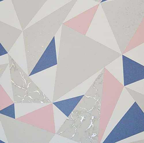 SOPHIE LAURENCE Luxury Lytham Apex Geometric Marble Grey Pink Navy White Silver Wallpaper for Living Room (Multi)