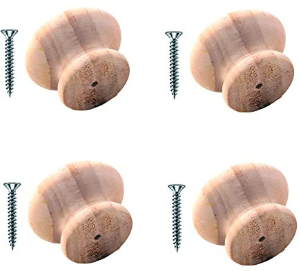 TERF® Traditional Unlacquered Pine Wooden Cupboard Cabinet Door Knob 25mm Drilled Wood Knob with Fixing for Chest Drawer Cupboard Kitchen Wardrobe Door Pull Handle Knobs - Pack of 4