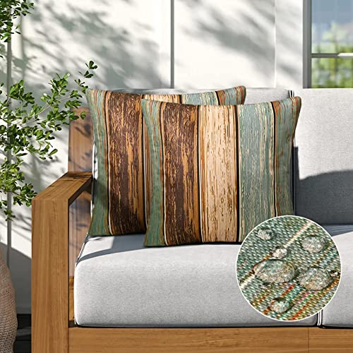Kissenbezug Petrol 2er Set Wasserdichte Kissenbezug 50x50 Grün Kissenbezug Outdoor Kissenbezüge Blau Türkis Holzstreifen Retro Leinenoptik Sofakissen Deko für Wohnzimmer Garten Outdoor Couchkissen