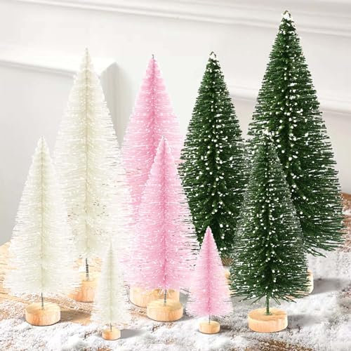Hommtina 9Pcs Mini Christmas Trees Christmas Decor Artificial Christmas Decorations with 4 Sizes, Christmas Tree Bottle Brush Trees Christmas Table Decorations (Green Beige Pink)