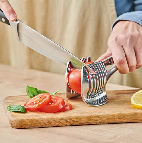 Perfect Slicer - Aluminium Food Gripping Tong with Cutting Guide Kitchen Tool for Slicing Fruit, Vegetables, Tomatoes, Boiled Eggs, Small Meat Joints – Hand Wash, Measures H8 x W11 x L17.5cm