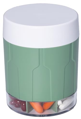 Betife Tablettenbox 7 Tage Große Fächer, Rund Pillendose Groß für Monat Tabletten Aufbewahrung, Tragbare Medikamentenbox Morgens Mittags Abends, xl Pillenbox leicht zu öffnend, Olivgrün (21 Etiketten)