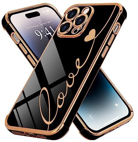 LCHULLE Designed for iPhone 14 Pro Phone Case Cute Love Heart Pattern With Golden Plating Cover for Women Girls Protection Cases for iPhone 14 Pro 6.1 inch,Black