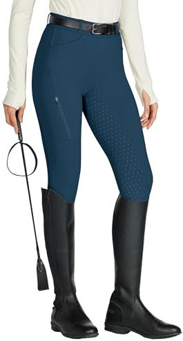 WILLIT Reitleggings Damen Reithose Silikon Vollbesatz High Waist Stretch Reithose mit Reißverschlusstasche Gürtelschlaufen Pfauenblau M