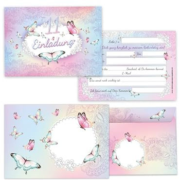 Limonia 12 Einladungskarten incl. 12 Umschläge zum 11. Kindergeburtstag Einladung Geburtstag Mädchen Schmetterling Blumen