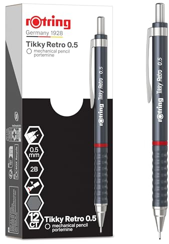 rOtring Tikky Retro Druckbleistifte | 2B 0,5 mm | Grauer Schaft | mit geriffeltem Griff für hohen Komfort | 12 Stück