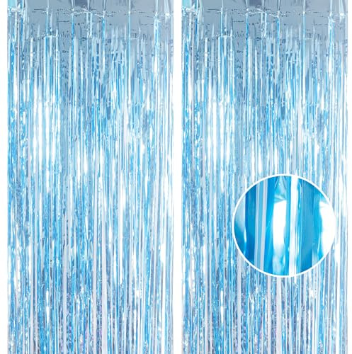 2 Stück Lametta Vorhang Hellblau Glitzer, 1x 2.5m Glitzervorhang Lametta Vorhänge, Luftschlangen Folien Fransen Vorhang Foto Hintergrund für Geburtstags Meerjungfrau Eiskönigin Party Deko
