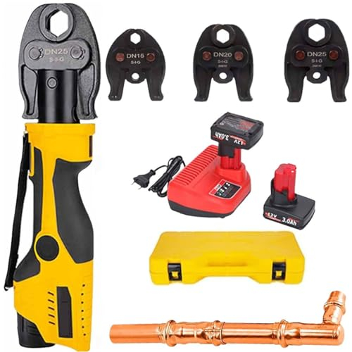 GJBMXSM 12V/3.0Ah Wiederaufladbare Hydraulische Rohrkrimpurtewerkzeug, Kupferrohrbeschläge Crimpers Mit 1/2 Zoll, 3/4 Zoll Und 1 Zoll Kiefer, 2 Batterien, Einlagenrohr-Presswerkzeug,Series2