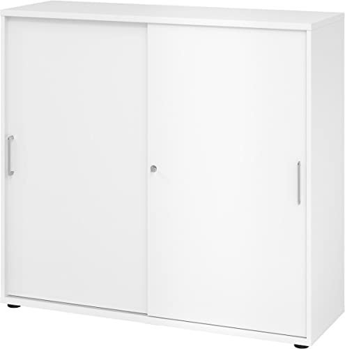 bümö Schiebetürenschrank 3OH - Aktenschrank abschließbar, Sideboard Schrank mit Schiebetüren in Weiss, Bügelgriff - Büroschrank aus Holz mit Schiebetür, Büro Kommode für Ordner & Co.