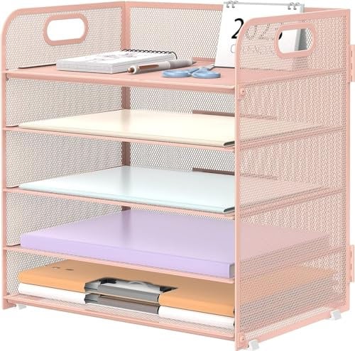 SUPTIDY Schreibtisch Organizer mit Griff, 5-stöckiges Papier Briefkasten Organizer, Dokumentenablage Büro Organizer für Zuhause und Schule, Rosa