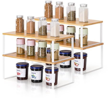 Nandae Paquete de 4 organizadores de estantes de cocina para gabinete, organizador de armario expandible y apilable, estante de almacenamiento para baño, cocina, lavandería, blanco