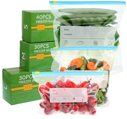 100 Pcs Food Storage Bags, Reusable Sandwich Bags (4.55L, 2.27L, 1L) Food Storage Freezer Bags, Zip Lock Bags Zip Seal for Fruits, Vegetables, Meat, Grains, Snacks, Widen Bottom Soup Freezer Bags