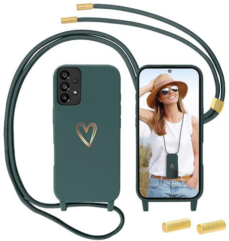 Handyband für Samsung Galaxy A52S 5G/A52 4G/5G Hülle mit Band, MoEvn Necklace Handyhülle mit Kordel für zum Umhängen mit Herz Muster Silikon Case Stoßfeste Schutzhülle mit Abnehmbar Kette, Grün