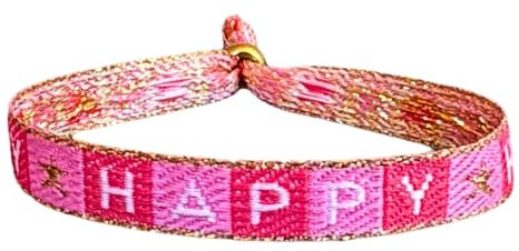 happymaker - Boho Schmuck Damen, Stoffarmband pink und rosa, Statement Band Happy, Surfer Style für Frauen, wasserfest, größenverstellbar mit vergoldeter Schiebeperle, handmade