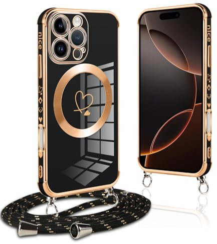 Pnakqil handyband für iPhone 16 Pro Max Hülle mit Band, Kompatibel mit MagSafe, Handyhülle Ultra Dünn Silikon Magnetisch mit Herz Love Muster mit um Umhängen Kordel für iPhone16 Pro Max 6.9, Schwarz
