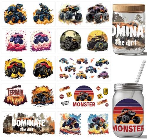 arricraft 10 Blatt UV DTF Becherfolie Für 16 Unzen Gläser Für LKW Bunte Dinosaurier Feuer Und Fahrzeug Abziehbilder Mayhem Wasserfeste Transferaufkleber Für DIY Glasflaschen Behälter
