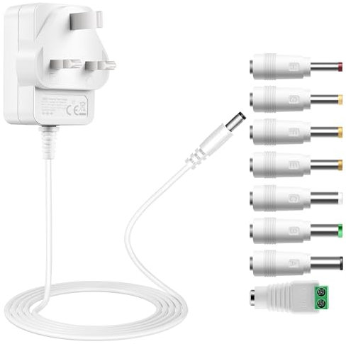 Tonton 12V DC Power Supply Adapter 3M(10ft),1A 12W AC/DC Power Adapter Cord, Power Plug DC Male 5.5x2.1mm with 8 Tips for LED Strip Light, CCTV Camera, BT Speaker, GPS, Webcam, Router (White)