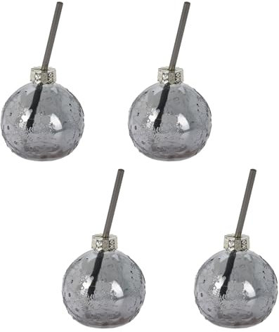 Carousel Home Pack of 4 Metallic Grey Christmas Drinking Jars | Tree Bauble Shaped Christmas Drinks Glass | Glass Drinking Jar with Straw