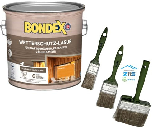 zbs24 Bondex Wetterschutz Lasur für alle Holzoberflächen, UV-Schutz und Wetterschutz bis zu 6 Jahre, wasserbasiert, tropfgehemmt, inkl. 3-teiligem Pinselset (dunkelgrau, 2,5 Liters)