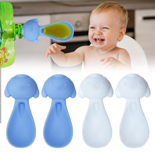 QOMJUFA 4 Pack Quetschies Löffel, Silikon Baby Quetschie Babylöffel Squeeze Feeder Löffelaufsatz für Quetschbeutel, Quetschie Löffel, Babylöffel Quetschieaufsätze, Weiß & Blau