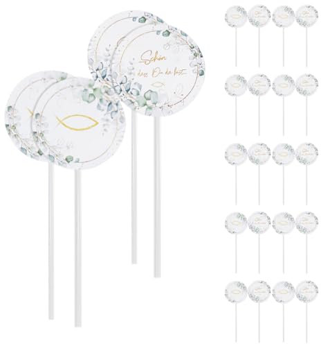 ZORVUJI 24 Stück Kommunion Cake Topper Fisch Design, Tortendeko für Taufe Konfirmation, Cupcake Tortenstecker mit Holzstäbchen, Dessertdeko für religiöse Feste