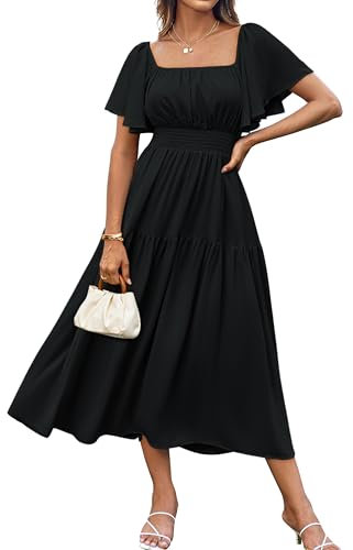 GRACE KARIN Women's Casual Flowy Ruffle Dresses Square Neck Short Sleeve Summer Chiffon Dress Black L