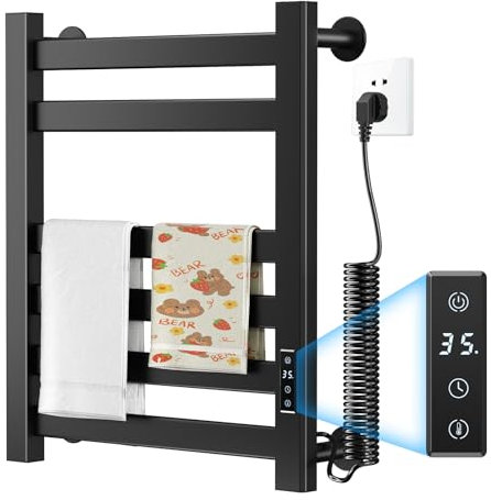 Badheizkörper Elektrisch, 580x490mm Handtuchhalter Energiesparend ohne Bohren 200W Handtuchtrockner elektrisch für Bad mit Touch-Steuerung LED-Anzeige, wählbare Temperatur, Schwarz
