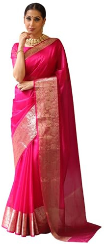 TRAFAART Sari Indien En Organza Pour Femme - Sari À Bordure Traditionnelle Avec Chemisier Non Cousu