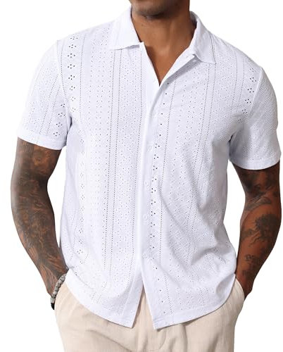 Mens Short Sleeve Shirt Button Down Cuban Collared Casual Summer Beach Shirts White