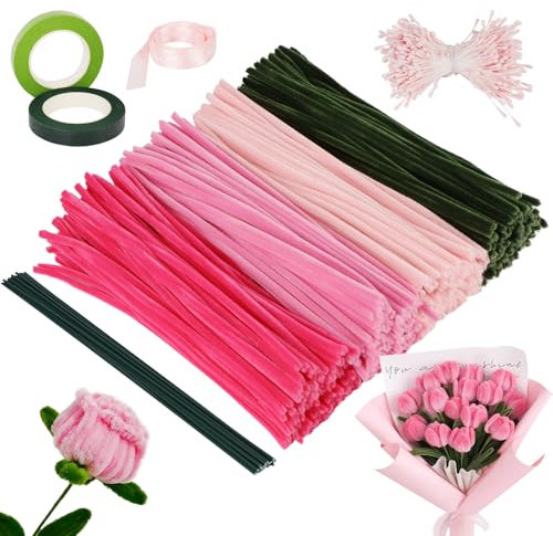 QMLING 400 Stück Pfeifenputzer zum Basteln, Pfeifenreiniger Blumen Set, 4 Farben Pipe Cleaner mit Blumen Staubblatt Floral Tape Blumendraht und Geschenkband für DIY Blumenstrauß