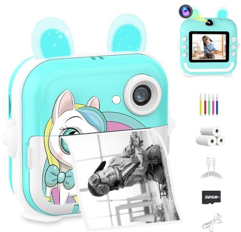 CATGIFF Macchina Fotografica Bambini Istantanea, 2,4 Pollici 1080P HD Fotocamera Digitale Bambini con Matita Colorata Carta da Stampa e 32GB Scheda,Regalo di Natale per Bambini dai 3-12 Anni(Blu)